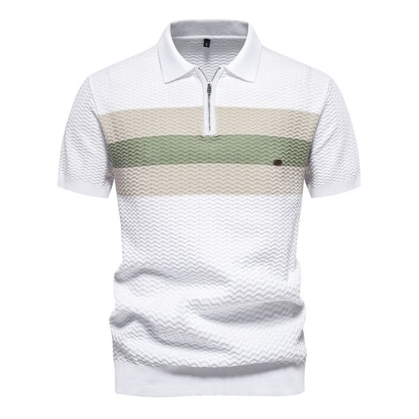 Summer New High-End Striped Business Thin And Versatile Men's Lapel Half Zipper Short Sleeved Shirt_desvips.com