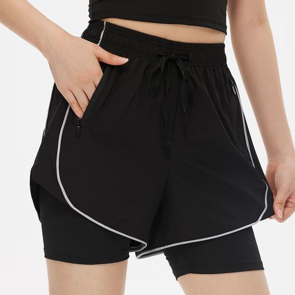 High Waist Double Layer Anti-Exposure Sports Shorts Women, Quick-Dry Running Fake Two-Piece Fitness Shorts, Long Inner_desvips.com
