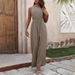Women's clothing elastic waist high collar halter neck sleeveless floral wide-leg casual pants jumpsuit_desvips.com