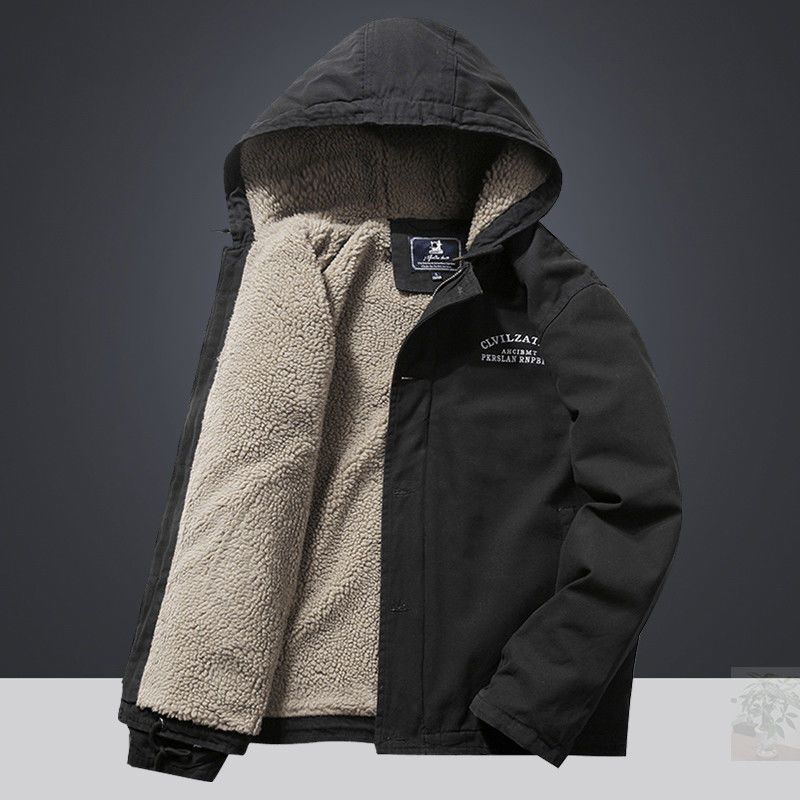 Men's Fleece-Lined Hooded Cotton Jacket - Winter Warm Workwear Coat With Sherpa Lining, Zipper Closure, Casual Outerwear For Urban Style_desvips.com