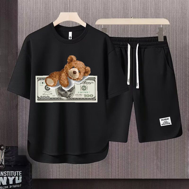 Men's Clothing 2024 Waffle Casual Summer Suit Men's Loose Teen Short sleeved T shirt Shorts Handsome Two piece Suit_desvips.com