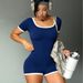 Slim Square Neck Color-Block Short-Sleeved Bodysuit European American Style Outdoor Sports Ribbed Yoga Jumpsuit_desvips.com