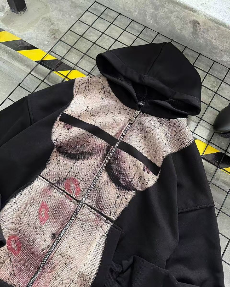 2025 New Printed Harajuku Hickey Print Autumn Women's Hooded Sweatshirt Zipper Long Sleeve Hoodie Jacket_desvips.com