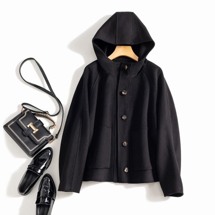 Women's Clothing quality double sided wool coat with hood and short button for women_desvips.com