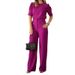 women's clothing smooth satin half sved top and pants suit two piece set_desvips.com