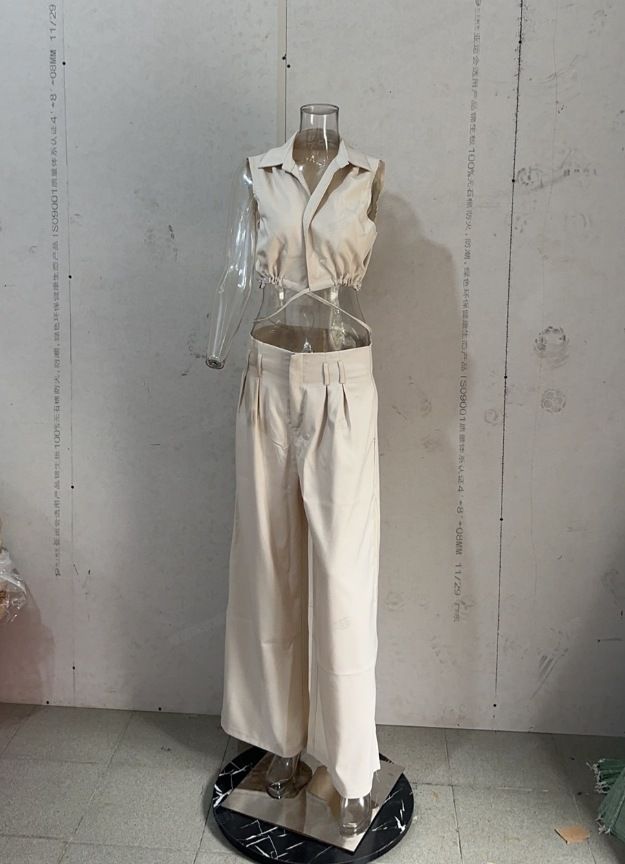 Women's fashion solid color lapel sexy sleeveless top casual pants suit_desvips.com