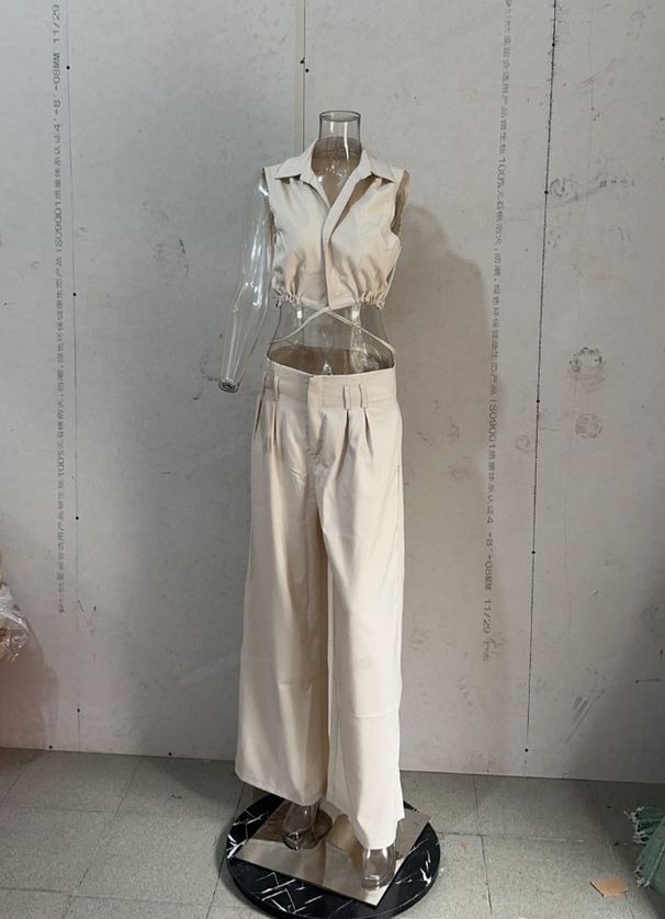 Women's fashion solid color lapel sexy sleeveless top casual pants suit_desvips.com