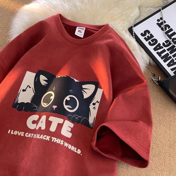 2024 New Cat Five-Quarter Men's Summer Round Neck Loose Versatile Short T-Shirt Student Trendy Half Sleeve 12_desvips.com