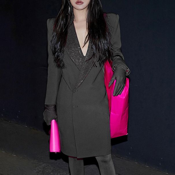 Women's clothing feather casual long-sleeved lapel suit jacket + casual slim-fit long trousers 2-piece set_desvips.com