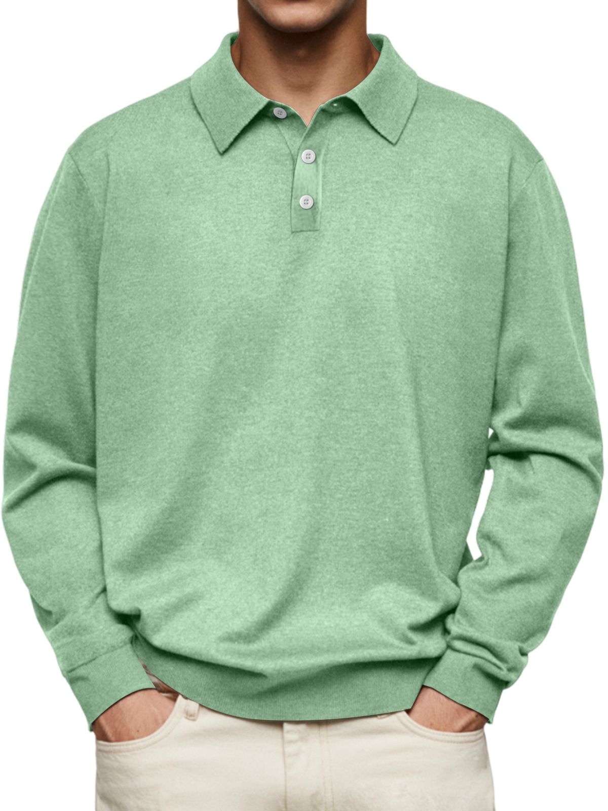 Men's Clothing Autumn Long Sleeve V Neck Button Casual Tops Polo Shirt_desvips.com