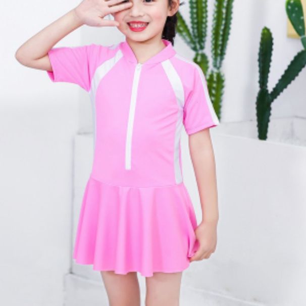 New Children's Swimsuit Girls, One-piece Skirt Style, Color-blocked, Suitable For Students And Older Children, Quick-dry_desvips.com