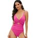 New Style Solid Color Deep V Hollow Sexy Swimsuit Women's Belly Ruched U-shaped Tie Beautiful Back Swimwear_desvips.com