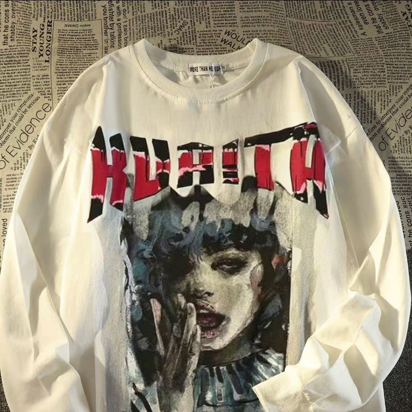 100% Cotton Style Long Sleeve T-Shirt Men And Women, Loose Fit, Dark Style, American High Street Hip Hop Top For Autumn_desvips.com