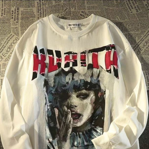 100% Cotton Style Long Sleeve T-Shirt Men And Women, Loose Fit, Dark Style, American High Street Hip Hop Top For Autumn_desvips.com