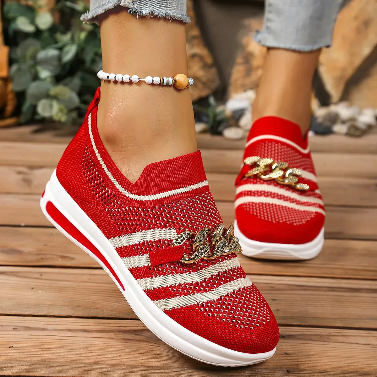 New Metal Chain Slope Heel Thick Bottom One Step Breathable Lightweight Mesh Large Single Shoe For Casual Shoes Women_desvips.com