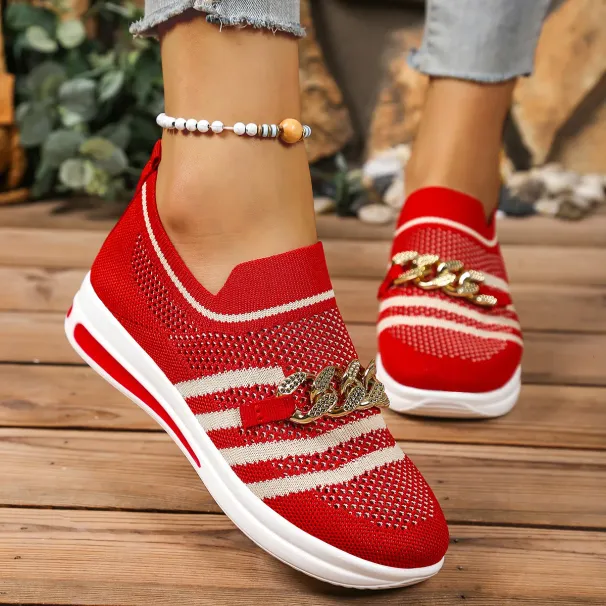 New Metal Chain Slope Heel Thick Bottom One Step Breathable Lightweight Mesh Large Single Shoe For Casual Shoes Women_desvips.com