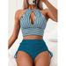 Two-piece Swimsuit High-waisted Striped Conservative Drawstring_desvips.com