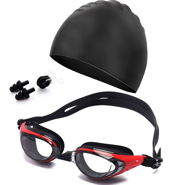 Silicone Anti Fog Swimming Goggles + Silicone Nose Clip Earplugs + Silicone Fishtail Cap 5 Piece Set_desvips.com
