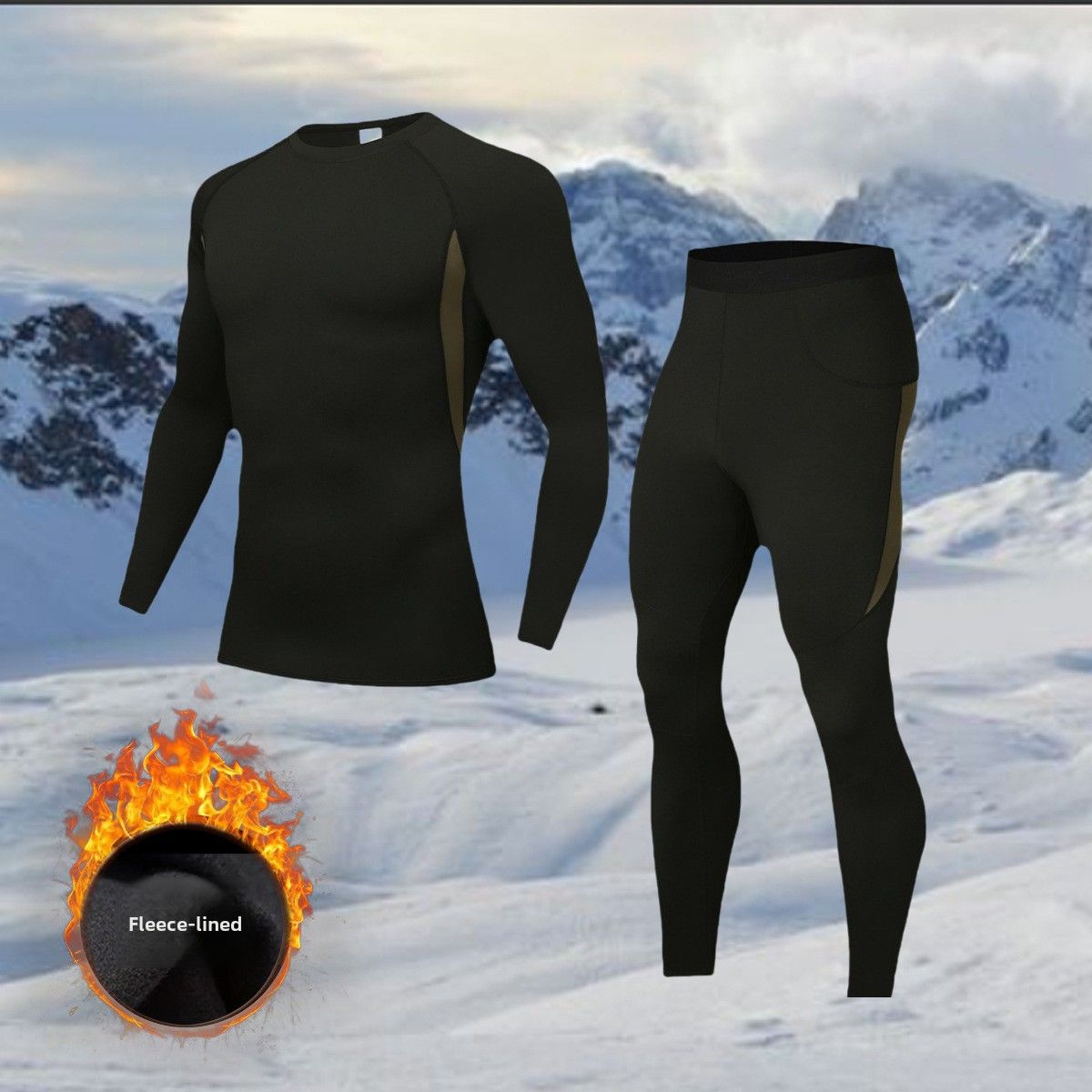Fleece-Lined Thermal Underwear Set Round Neck Top And Bottom Tight-Fitting Outdoor Hiking Cycling Sports Base Layer_desvips.com
