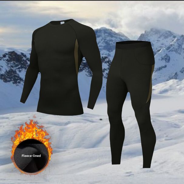 Fleece-Lined Thermal Underwear Set Round Neck Top And Bottom Tight-Fitting Outdoor Hiking Cycling Sports Base Layer_desvips.com