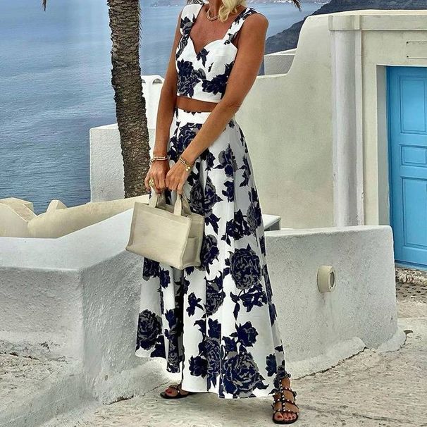 Women's Clothing Fashion Temperament Printed Midi-length Half-length Top and Skirt Two-piece Set_desvips.com