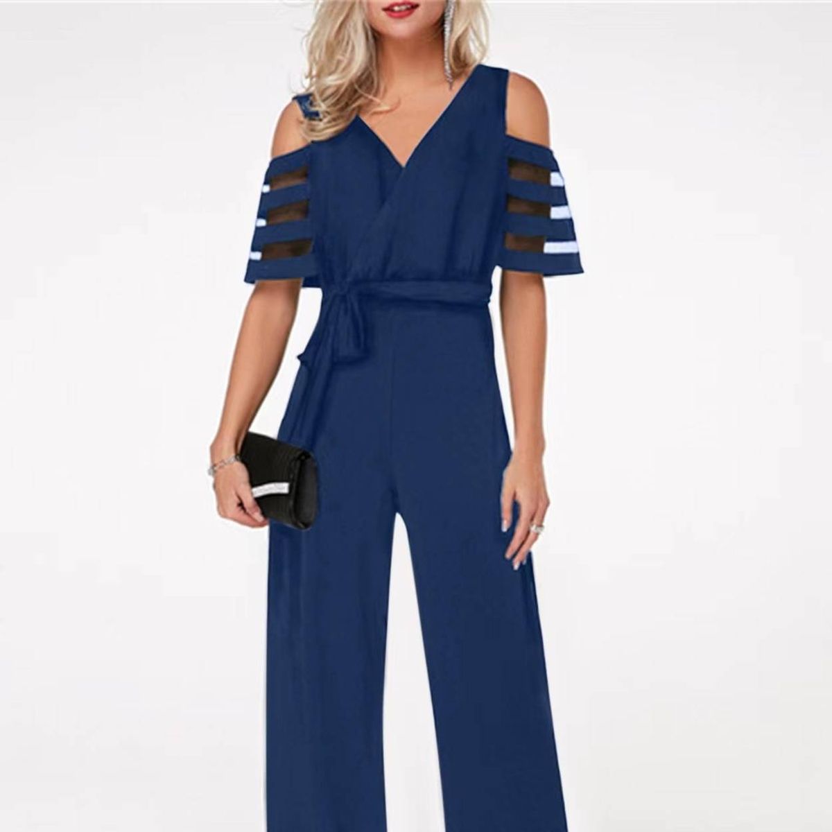 Women's Clothing V-neck strapless solid color high waist party jumpsuit trousers belt women's wide-leg pants_desvips.com