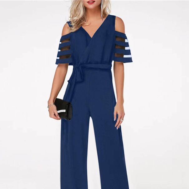 Women's Clothing V-neck strapless solid color high waist party jumpsuit trousers belt women's wide-leg pants_desvips.com