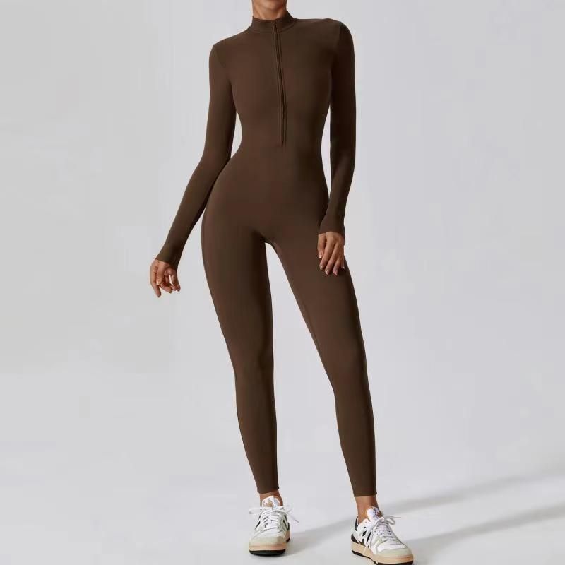 Bodysuit Long Sleeve Fitness Sports Outerwear One-piece Jumpsuit Women Yoga Suit European American Zipper Free Shipping_desvips.com