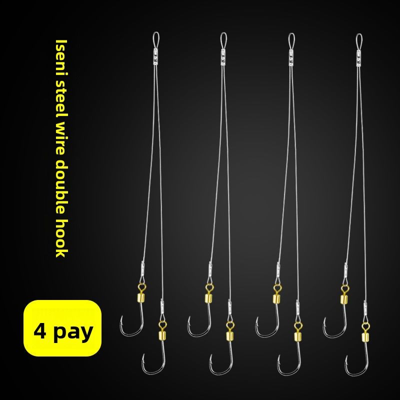 Steel Wire Finished Sub-line Double Set Anti-tangle Pre-tied Anti-bite Swivel Rotating Fish Hook For Catching White_desvips.com
