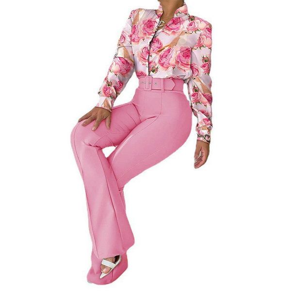 Women's Clothing casual suit printed stand-up collar long sleeve shirt top wide-leg pants two-piece set_desvips.com