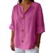 Women's Linen Blend V-Neck Blouse, 3/4 Rolled Sleeve Button Down Shirt, Casual Loose Fit Tunic Top For Daily/Office/Summer, Breathable Ligh Oberteile _desvips.com