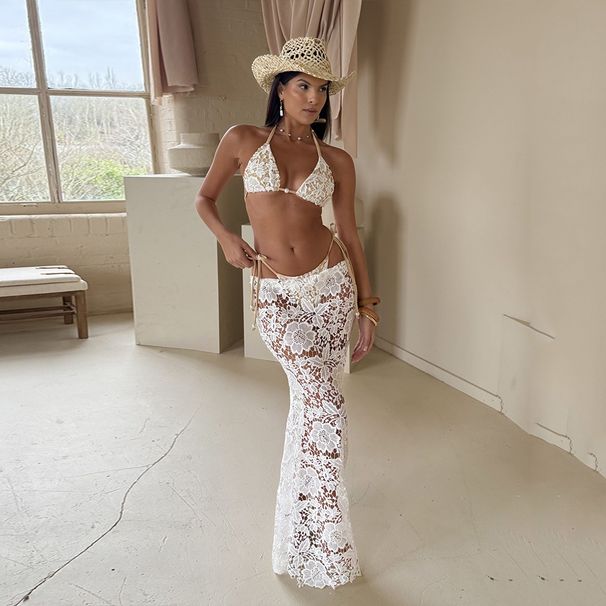 Sexy White Lace 3 Pieces 2025 Women Swimsuit Swimwear Long Sarong Cover Up Bikini Set Beachwear Bathing Suit Swimming_desvips.com