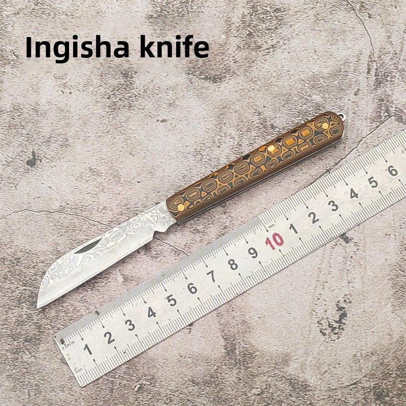 Injisa Folding Portable Meat And Fruit Knife, Wilderness Survival Tool, Damascus Steel, Foldable_desvips.com