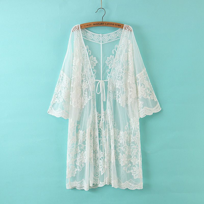 Seaside Vacation Beach Self-Tie Lace Thin Coat Embroidery_desvips.com