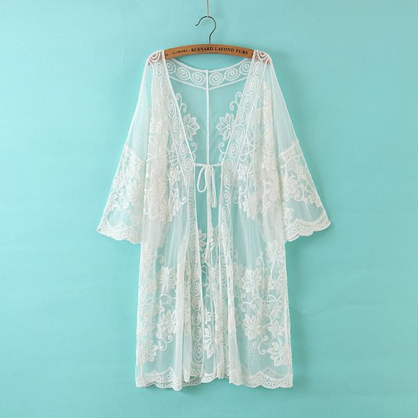 Seaside Vacation Beach Self-Tie Lace Thin Coat Embroidery_desvips.com