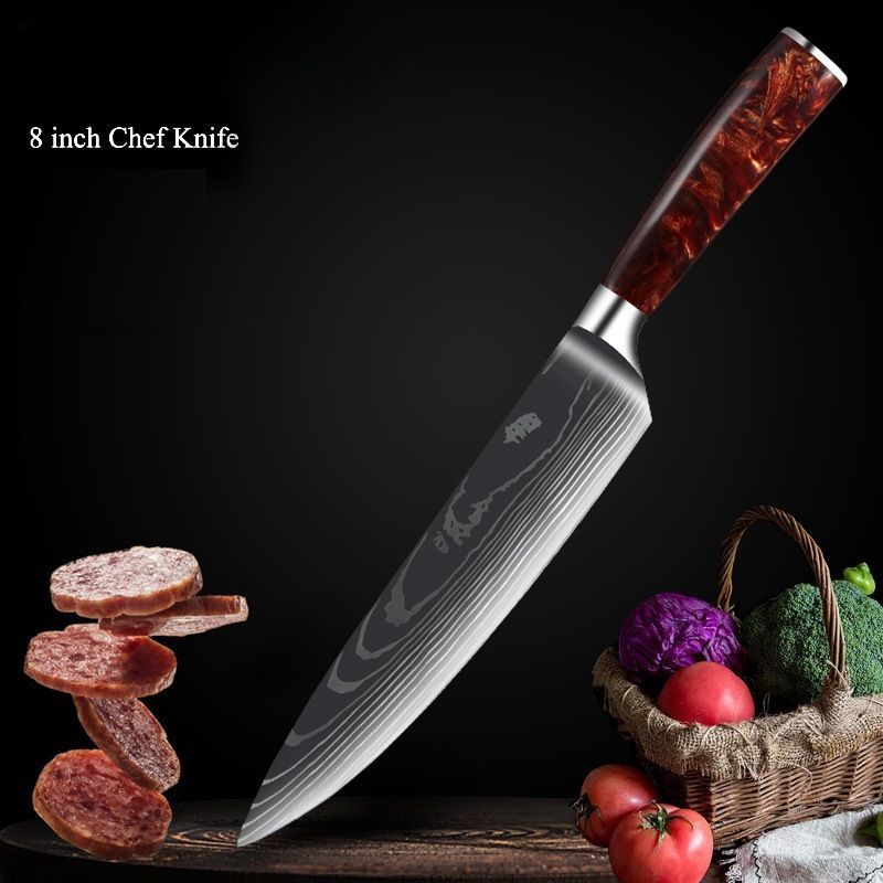German Steel Damascus Pattern Chef's With Red Resin Handle, Cooking Knife, Small Kitchen Knife For Cutting Fish And_desvips.com