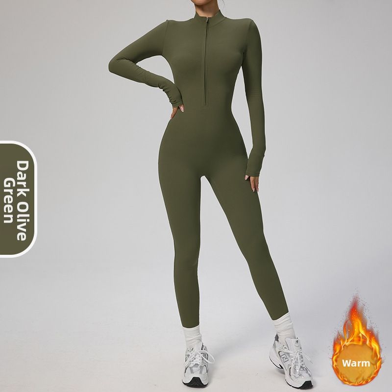 European American Autumn Winter Thin Fleece Long Sleeved Yoga Bodysuit Zipper Fitness Sports Bodybuilding Suit 8445_desvips.com