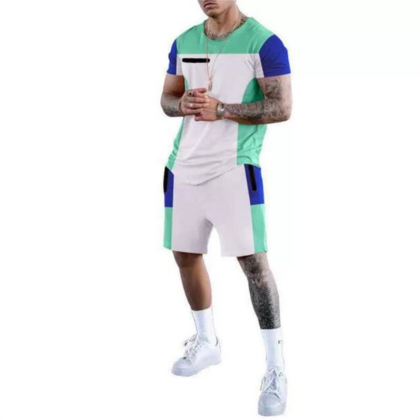 Summer 2025 Fashion European-Amecian Style Men's Round Collar Short Sleeve T-Shirt + Shorts Splicing Contrasting Colors 2 Piece Casual Sport Set M-3XL_desvips.com