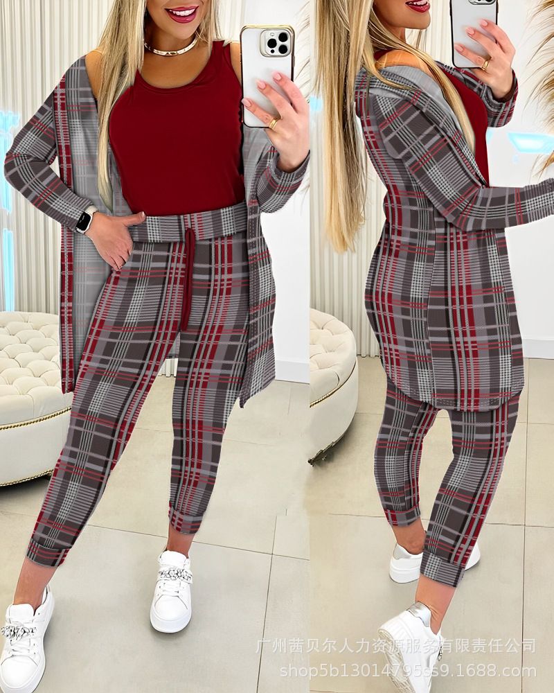 Women's fashion solid color vest + elastic waist trousers set (3-piece set)_desvips.com