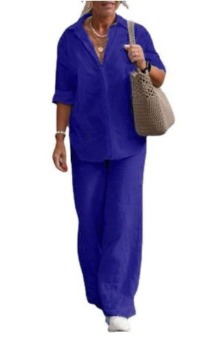 Women's clothing women's two-piece set women's lapel long-sleeved shirt spring and autumn casual solid color pants wide leg suit_desvips.com