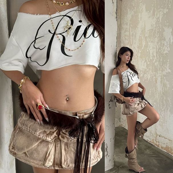 2025 Women's Summer American Street Style Letter Print Asymmetrical Shoulder Sleeve T-shirt, Versatile Slimming Short_desvips.com