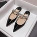 Version High JC Peep Toe Half Slippers For Women Summer Fashion Flat Rhinestone French Pointed Genuine Leather Internet_desvips.com