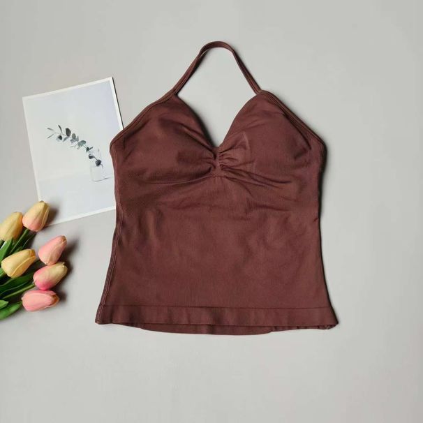 High Elastic Matte Nylon Sports Vest Halter Neck Slim Fit Long With Padded Chest Seamless Fitness Yoga Vest_desvips.com