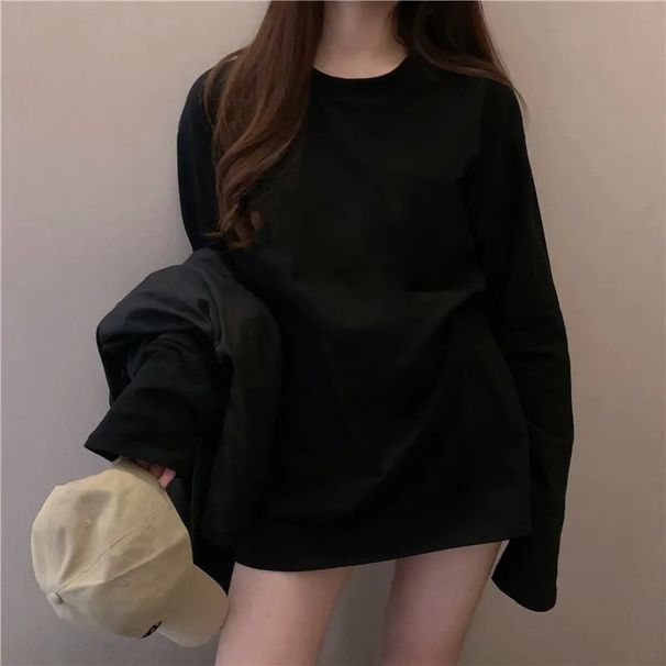100% Heavy Cotton White Long-sleeved T-shirt Women's Lazy Style Loose And Versatile Solid Color Basic Underwear_desvips.com