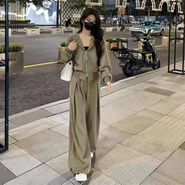 2024 Spring And Autumn New Internet Celebrity Hooded Sweatshirt Sports Fashion For Women High Waist Slimming Wide Leg_desvips.com