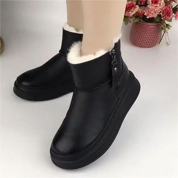 2024 Winter New Plush Fashion Northeast Cotton Warm And Versatile Thick Bottom Non Slip Leather Short Boots For Women_desvips.com