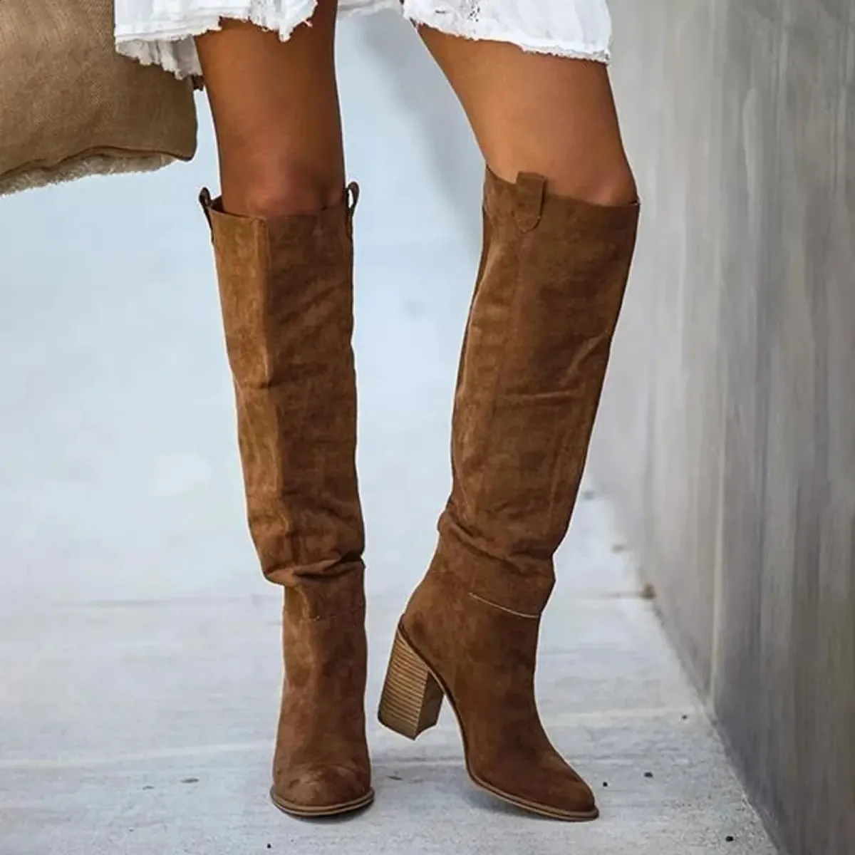 Fashionable Casual Retro Long Knee Denim Square High Heels Boots Bottes Womens Botas De Mujer Atos 240911_desvips.com