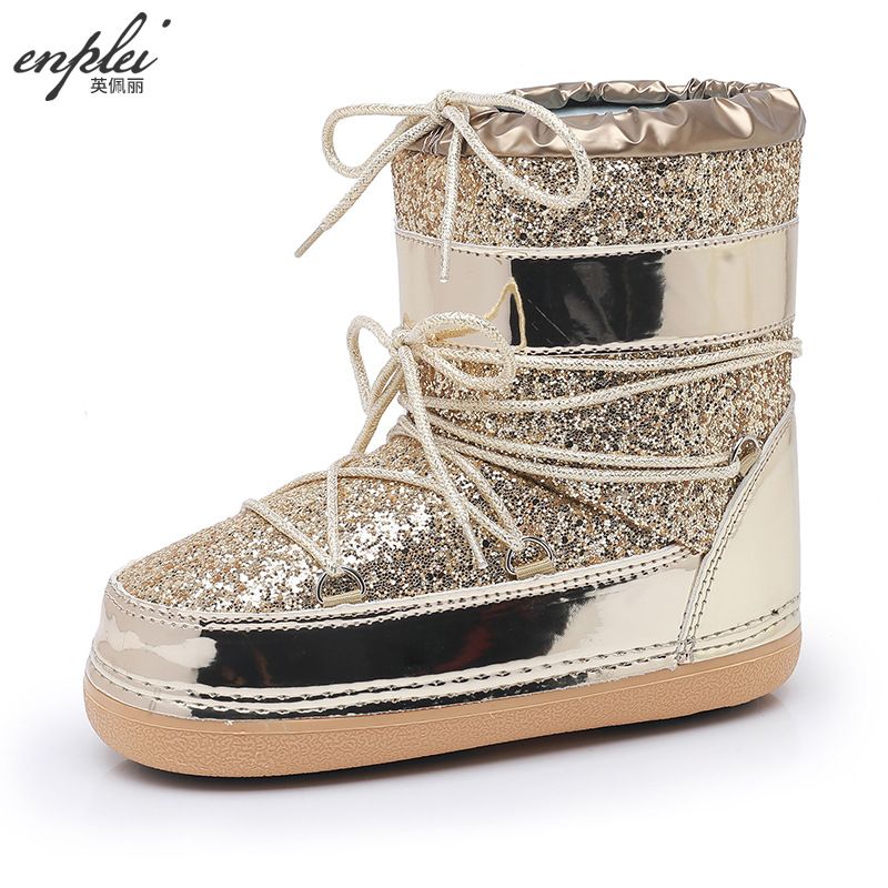 European American Winter Space Thick Sole Sequin Real Fur Winking Short Snow Boots For Girls And Children Parent-Child_desvips.com