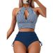 Two-piece Swimsuit High-waisted Striped Conservative Drawstring_desvips.com
