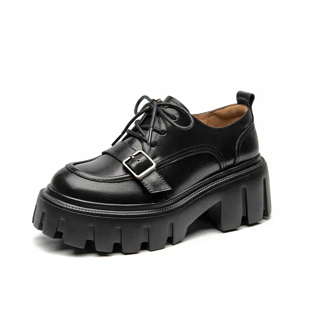 Derby New BEAUTODAY Shoes Women Calfskin Leather Quality Belt Buckle Thick Sole Solid Color Lace-Up Autumn Ladies_desvips.com